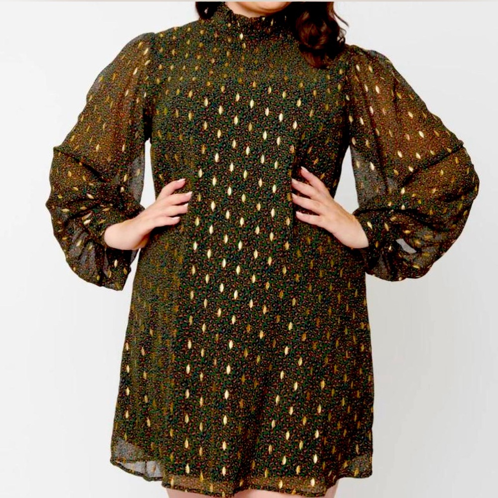 Unique Vintage Smak Parlor Girl Talk Emerald Leopard Print and Gold Dress, Sz XL